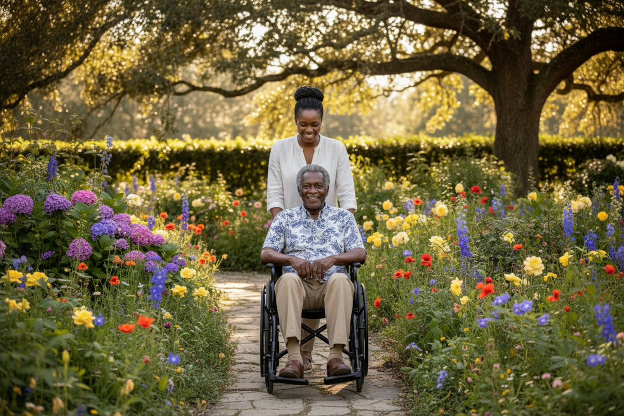 Caregiver pushing elderly male in wheelchair in garden